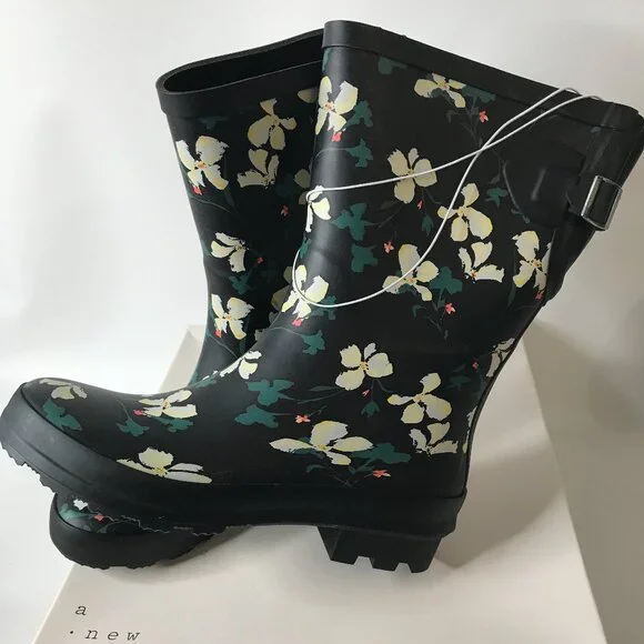 New Black Floral Vicki Mid Calf Waterproof Rain Boots ~ A New Day Size 7 - Picture 5 of 11